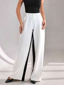 CLARA VERO Pantalón de pierna ancha con botones en la cintura alta, pantalón con paneles de contraste blancos, pantalón de bloques de color de diseñador, pantalón de pierna ancha de dos tonos elegante, pantalón de colección de ropa formal, colección de pierna ancha de alta moda, pantalón de ropa de noche sofisticada, pantalón de colección de diseñador de lujo, pantalón de declaración de uso profesional