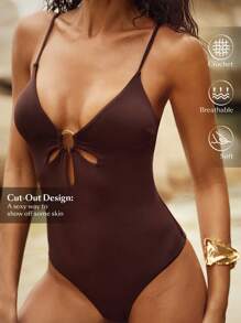 Anewsta Damen ärmelloses Badeanzug aus Unifarbenem Material mit Cut Out Metallring-Dekor für den Sommer