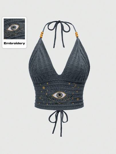 Boho Style Summer Women Top, Hippie Vacation Inspired Eye, Moon And Star Embroidery Blue Green Knit Sweater