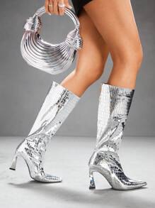 CUCCOO SZL 女士时尚银色鳄鱼纹宽筒尖头细高跟长靴 - 銀色 - 查看 9
