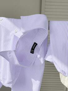 Comfortcana Lavender Woven Women's Striped Print Button Front Short Sleeve Top & Shorts Casual Matching Set - Mauve Purple - View 2