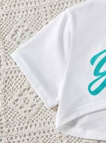 Sparklyn Set de 2 piezas de camiseta corta casual de verano con estampado de letras y vestido de camisola para niña preadolescente - Multicolor - Ver 4