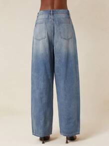 SHEIN Unity 春季筒形裤中长洗水泡泡牛仔裤夏季节日超大宽松休闲日常街头潮流长裤女式牛仔裤 - 深色水洗藍 - 查看 2