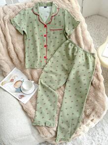 SHEIN 樱桃印花时尚荷叶边领泡泡褶皱女童睡衣套装 - 綠色 - 查看 3