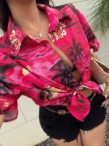 POPSWAY Áo sơ mi trễ vai rộng rãi in họa tiết nhiệt đới cỡ lớn cho nữ, kỳ nghỉ hè - Nhiều màu - Xem 8