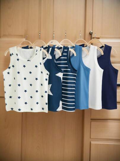 6件套男童基础款星条印花棉质汗衫，简约纯色，穿着舒适。简约设计，易于搭配，针织面料弹力透气，可机洗，穿着舒适，易于护理（6件套出售）