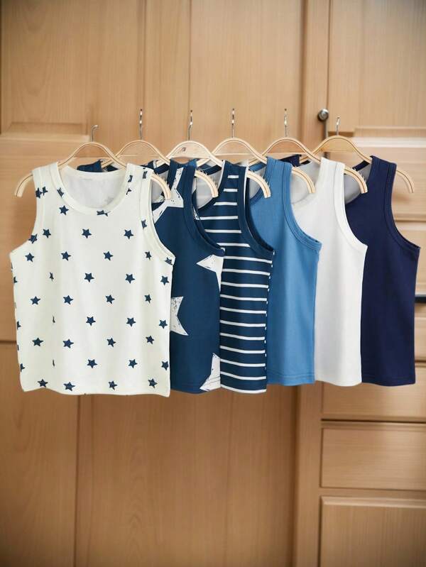 6件套男童基础款星条印花棉质汗衫，简约纯色，穿着舒适。简约设计，易于搭配，针织面料弹力透气，可机洗，穿着舒适，易于护理（6件套出售）