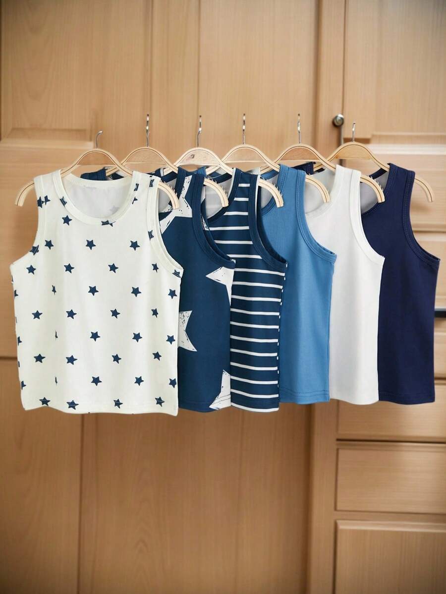 6件套男童基础款星条印花棉质汗衫，简约纯色，穿着舒适。简约设计，易于搭配，针织面料弹力透气，可机洗，穿着舒适，易于护理（6件套出售）