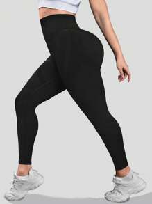SHEIN Rhythm Era 加大码纯色高腰合身无缝提臀运动紧身裤女式瑜伽裤 - 黑色 - 查看 5