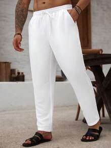 Manfinity RSRT 大码男士纯色抽绳腰休闲白色长裤，带口袋