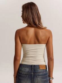 SHEIN BAE Women's Solid Color Pleated Fashionable Bandeau Bodysuit - Apricot - View 2