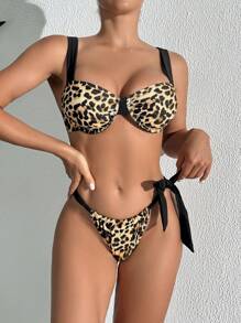 SHEIN Swim 女士豹纹系带比基尼泳装套装，海滩度假 - 彩色 - 查看 8
