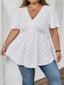 SHEIN CURVE+ 大码女式纹理 V 领蕾丝拼接 T 恤/大码 T 恤夏季/乡村/海滩度假装/沙滩装/沙滩装