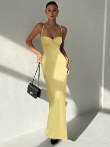 Aloruh Women's Sexy Solid Color Open Back Dress, Summer Butter Yellow Dress,Bodycon Dress - Yellow - View 6