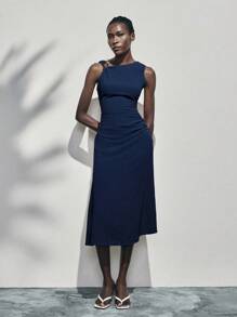 Lumivelle Summer Metal Ring Decor Waist Ruched Sleeveless Dress - Navy Blue - View 4