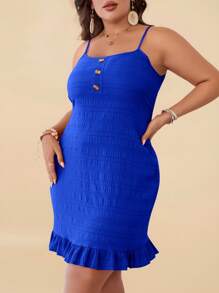 Travachic Plus Size Solid Color Spaghetti Strap Front Button Casual Mini Dress - Royal Blue - View 4