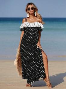 Breezaya Plus Size Women's Vacation Polka Dot Print Ruffle Off Shoulder Side Slit Maxi Dress