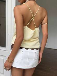 SHEIN EZwear 女士夏季雪纺杏色露背镂空上衣，奶油黄度假俱乐部性感锐舞上衣 - 黃色 - 查看 2