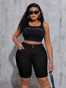 SHEIN Tall CURVE Plus Size Women's Stretch Skinny Denim Shorts Valentine's Day - Black - View 6
