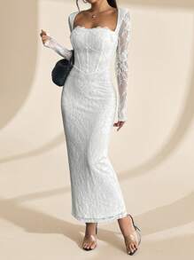 SHEIN PETITE 女式新款夏季派对约会晚会性感S型蕾丝长袖抹胸鱼骨方领紧身裹臀黑色长裙 - 白色 - 查看 3