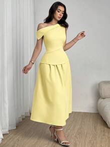 Modelyn 夏季优雅纯色不对称领口上衣和裙子两件套 - 黃色 - 查看 4