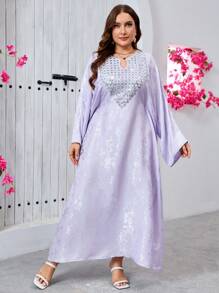 SHEIN Najma Elegant Luxurious Jacquard Fabric Contrast Pearl Embroidered Collar Loose Romantic Ladies Dress - Mauve Purple - View 3