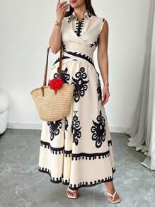 SHEIN Tall Bộ đồ 2 món in kỹ thuật số dệt kim không tay buộc dây phía trước cỡ lớn cho nữ và chân váy midi bồng bềnh phong cách Bohemian, trang phục nghỉ dưỡng thường ngày - Màu be - Xem 6