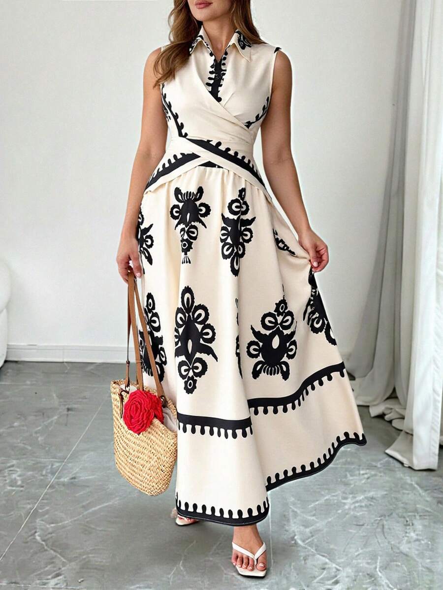 SHEIN Tall Bộ đồ 2 món in kỹ thuật số dệt kim không tay buộc dây phía trước cỡ lớn cho nữ và chân váy midi bồng bềnh phong cách Bohemian, trang phục nghỉ dưỡng thường ngày - Màu be - Xem 1