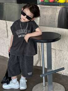 Dazy Kids 2件套男童圆领针织背心+短裤套装 - 深灰色 - 查看 2