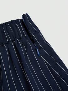 Rometta Plus Size Women Striped Elastic Waist Loose Straight Leg Trousers With Metal Buckle Decoration, Casual And Versatile Design Suitable For Daily, Work And Multiple Occasions Fall Cloth For Women