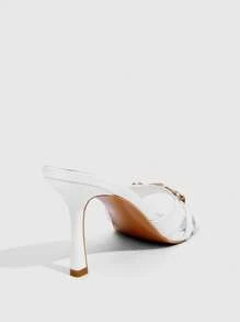 CUCCOO SZL Women's White PU Leather Gold Rhinestone Decor Fashion Evening Mules Sandals, 8.8CM High Heel, Round Toe - White - View 6