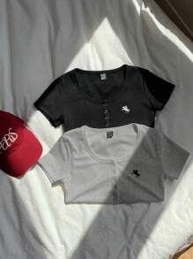 Comfortcana 2pcs/Set Solid Henley Neck Embroidered Slim Fit Short Sleeve T-Shirts, Summer - Grey - View 3