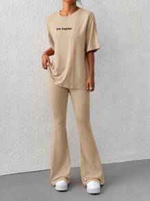 SHEIN EZwear 字母刺绣短袖上衣和喇叭裤夏季休闲装 - 卡其色 - 查看 5
