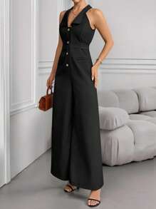 INAWLY Women's Elegant Solid Color Wide Leg Jumpsuit, Summer - Black - View 6