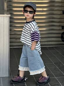 DAZY 男童撞色磨边松紧腰口袋牛仔短裤 - 藍色 - 查看 5