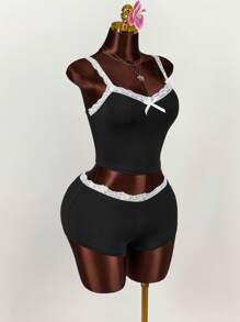 Amplova 2 Stücke/Set Farbblock Spitzen-Patchwork-Top mit Schleifendekor und Mini-Shorts mit Bundfalte - Schwarz - Übersicht 9
