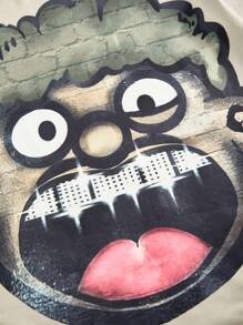 SHEIN 两件套青少年男孩休闲运动学院风欧美圆领T恤背面带有逼真的涂鸦肖像和喇叭裤套装 - 彩色 - 查看 3