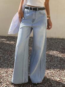 DAZY 女式宽松直筒牛仔裤，带线条图案装饰，休闲街头服饰，返校服 - 淺色水洗藍 - 查看 1