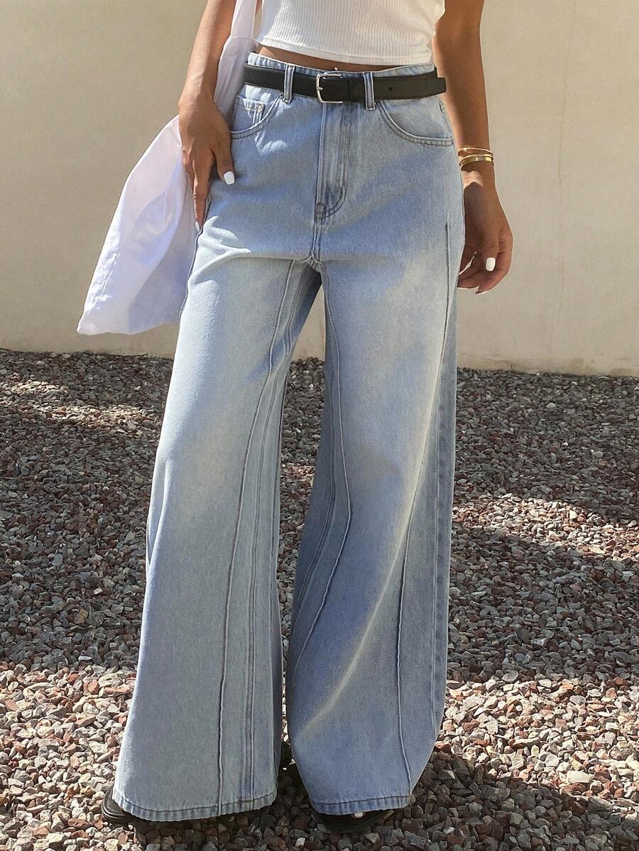 DAZY 女式宽松直筒牛仔裤，带线条图案装饰，休闲街头服饰，返校服 - 淺色水洗藍 - 查看 1