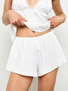 AiiRZ 蕾丝边高腰吊带上衣和短裤睡衣套装荷叶边肩部睡衣休闲夏季系列睡衣放松 - 白色 - 查看 4