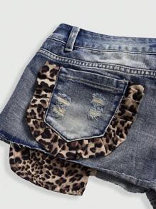ROMWE J-Fashion Shorts cortos vaqueros mini con volantes y estampado de leopardo patchwork con estilo Y2K - Multicolor - Ver 3
