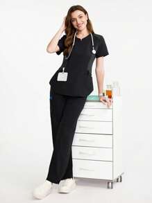 TaskEZ Women Scrub Uniform Top With Pockets & Long Pants Set, Workout Clothes Women Scrub Sets For Women Scrubs Scrub Set Nurse Scrub Sets Women - Black - View 3