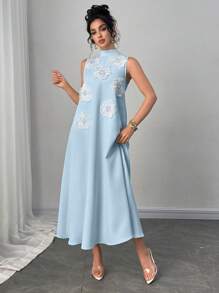 Modelyn 女士时尚优雅奢华厚重 3D 花卉图案宽松长款 A 字连衣裙，淡黄色 - 藍色 - 查看 3
