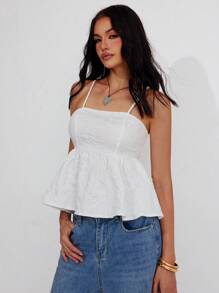 Roylia Women White Summer Elegant Date 3D Embossed Jacquard Floral Sleeveless Backless Bowknot Back A-Line Ruffle Hem Adjustable Camisole Vacation Party Top - White - View 4