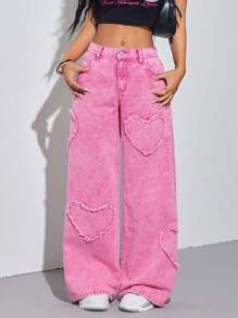 SHEIN PETITE Women's Pink Jeans Heart Pattern Y2K Summer Wide Leg Pants Comfortable Elastic Waistband - Pink - View 3