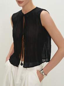 BizChic 2025 Summer New Music Festival Party Gathering Summer Top, Holiday Suitable For Wedding Guests, Brunch, Urban Fashion Commuter Daily Versatile Spring/Summer New Elegant Chic Daily Commute Work Date Vacation Breezy Graduation Season Black Pleated Tie-Bow Top - Black - View 12