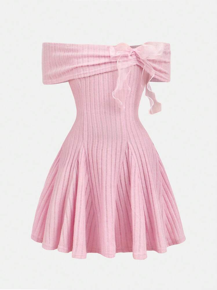 Girlism Vestido de camiseta de manga larga con hombros descubiertos y lazo para niñas preadolescentes, conjunto de regreso a la escuela, blusas lindas para la escuela, blusa rosa, blusas de otoño, blusas elegantes para el Día de San Valentín, atuendos de verano, vestido casual para reuniones, primavera/verano, vacaciones - Rosa - Añade 4