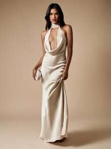 MISSGUIDED 优雅露背围脖前开襟晚礼服缎面婚礼招待会正式伴娘长裙特殊场合后背系带蝴蝶结