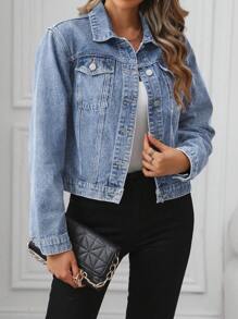 EMERY ROSE 女士休闲破洞短款牛仔夹克 - 淺色水洗藍 - 查看 6