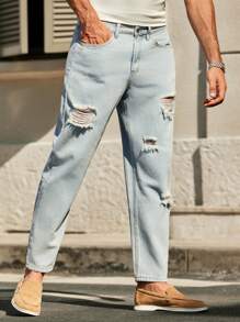 Manfinity VCAY Men's Casual Ripped Tapered Leg Jeans, Fashionable Men Light Blue Ripped Jeans Ripped Jeans Men Light Wash Ripped Jeans Men Men Distressed Jeans Cool Men Jeans - Blue - View 5